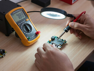 Close-up of a technician repairing a drone flight controller with a multimeter, soldering iron, and magnifying lamp over a PCB with tiny components