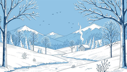 Obraz premium Illustration of a serene winter landscape with snow-covered mountains, trees, and rolling hills under a clear blue sky.