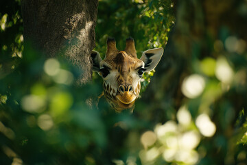 Giraffe peeking through lush green foliage, creating an intimate wildlife portrait with a natural forest atmosphere