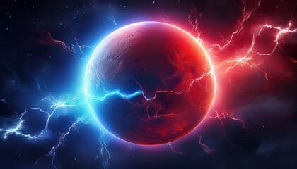 glowing red and blue planet with a bright white moon the planet is surrounded by a storm of lightning bolts