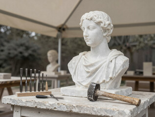 Outdoor marble sculpture studio: bust under a canvas canopy with chisels, a mallet, and unfinished white sculpture on a weathered worktable
