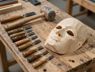 Heavy-duty workbench with carving gouges, a wooden mallet, and a half-finished basswood mask