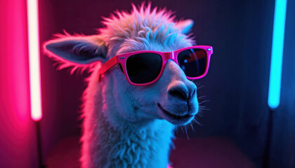 Obraz premium Cool llama wears pink sunglasses posing in studio with neon lights. Animal looks relaxed, trendy, its woolly coat illuminated by blue, pink vibrant glow. This unique portrait captures chill vibe.