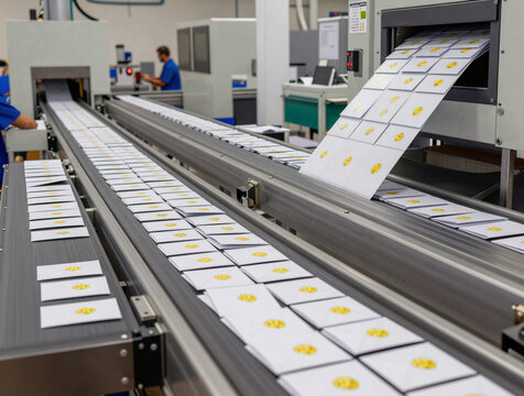 High-speed mail sorting facility with thousands of envelopes moving along multi-lane conveyors and chutes