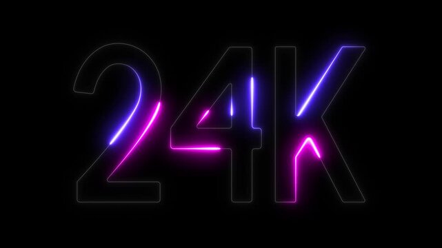 24K neon sign, purple and pink glowing text, luxury symbol on black background