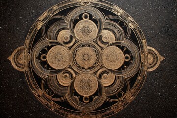 ancient mystical gold mandala etched on black stone surface with complex geometric patterns astrological symbols and sacred symmetry for alchemy spirituality esoteric research and occult designs
