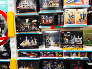 Fototapeta premium Lego display in Manchester store featuring ships architecture and robot sets for sale
