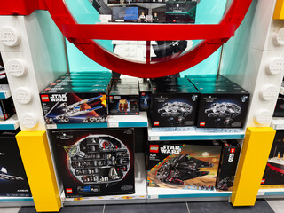 Obraz premium Lego Star Wars display at Manchester store featuring boxed sets on bright shelves