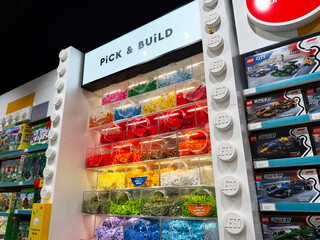 Fototapeta premium Colorful LEGO pick and build display in a toy store in Manchester UK