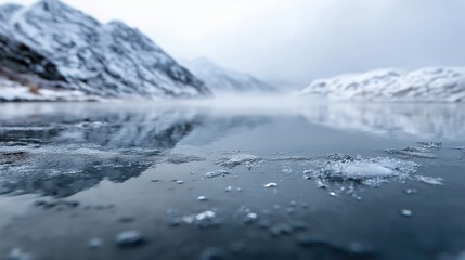 Serene frozen lake with snowy mountains in winter wonderland