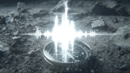 A compass sits on textured terrain with soundwave, creating visual representation of signal - Powered by Adobe