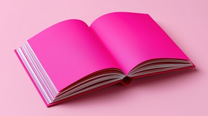 Vibrant open pink book with white pages on solid pink background
