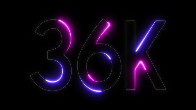 36K neon sign, glowing purple and pink numbers, black background, futuristic aesthetic