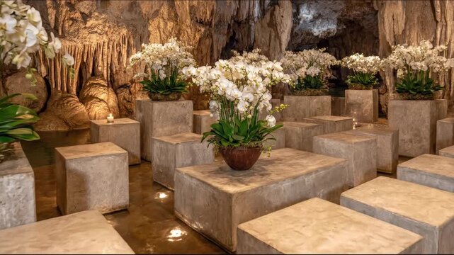 A cavern interior with floral arrangements on concrete blocks, dimly lit. Natural elements, aesthetic