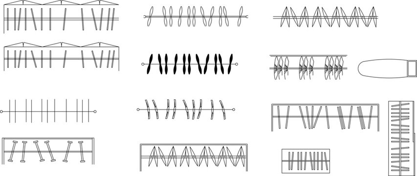 Comprehensive vector collection of top-view wardrobe and retail clothing racks, featuring diverse hanging garment arrangements, shoe storage, and shelving units for professional interior plans.