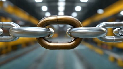 Interlocking bronze and polished steel chain links close up with blurred industrial background
