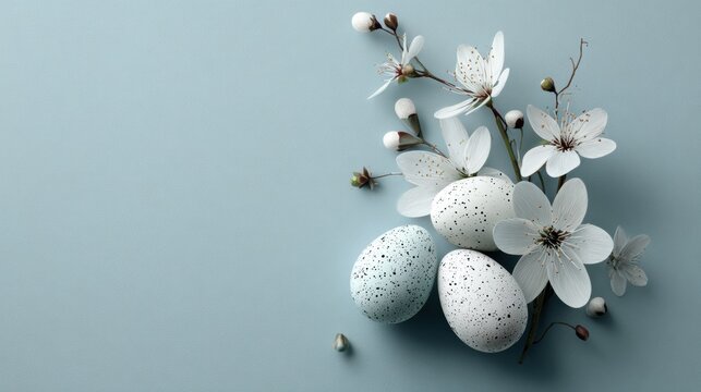 Minimal Easter card with white speckled eggs and spring blossoms on blue background, calm style soft