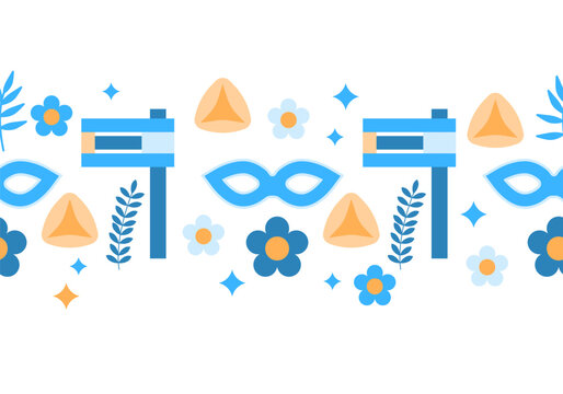 Holiday seamless border with Gomenash, hamantash pastry and carnival mask. Purim Background