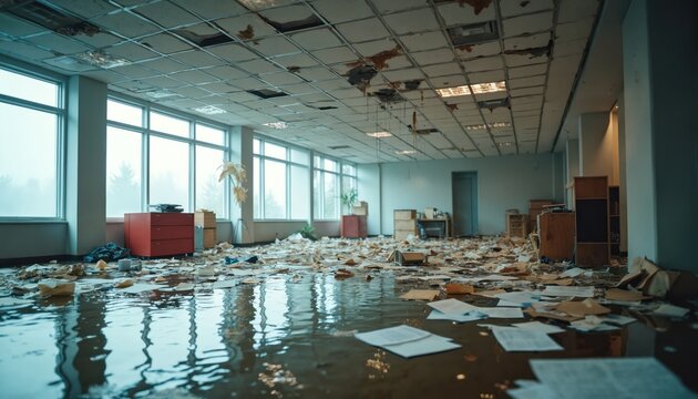 Office interior with water damage. Soaked documents rubbish flooded floor, debris falls from damaged ceiling tiles. Furniture overturned, water stains mark walls, indicating significant leak caused