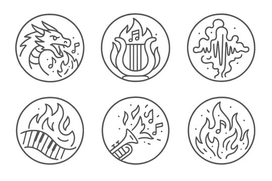 Musical Inferno Icons. Line style circular vector icons of musical inferno: dragon exhaling notes and sparks, fire harp tune,