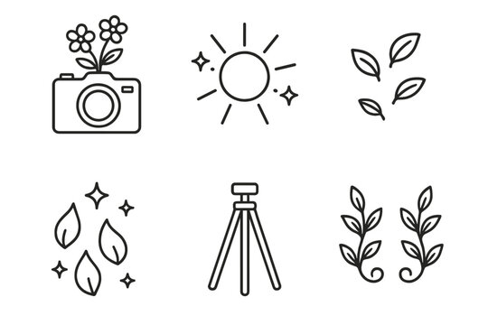 Camera with Blooming Flowers. Line style icons of Blooming Lens: camera with sprouting flowers, glowing sun rays, tiny floating