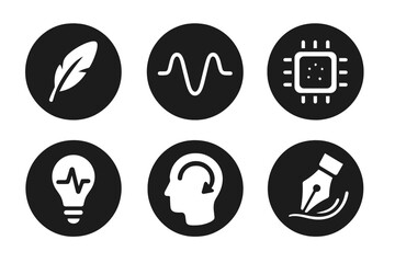 Fototapeta premium Tech Imagination Icons. Solid style round vector icons of tech imagination: feather stroke, electronic wave, microchip glow,