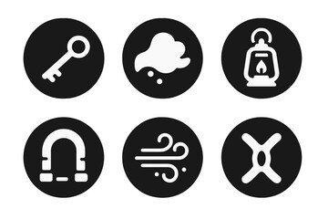 Fototapeta premium Mystical Passage Icons. Solid style round vector icons of unknown passage: skeleton key, veil of mist, dim lantern, hidden