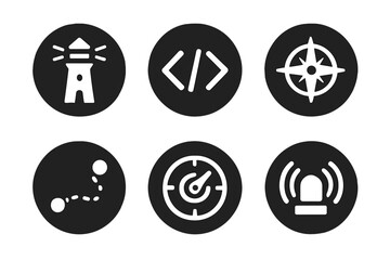 Digital Guidance Icons. Solid style round vector icons of digital guidance: lighthouse, code brackets, compass, path line, radar,