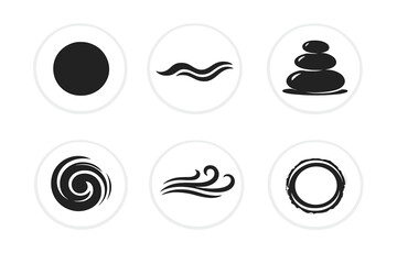 Meditative Movement Icons. Solid style round vector icons of meditative movement: circle, wave curve, stone path, swirl, air