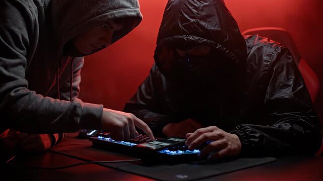 Two people in hoodies work together on a lit keyboard in red light.