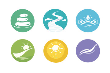 Fototapeta premium Balanced Motion Icons. Solid style round vector icons of balanced motion: pebble, pathway, ripple, slope, soft light, curve No