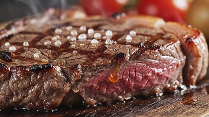A mouthwatering closeup shot of a perfectly grilled juicy ribeye steak generously seasoned with coarse sea salt showcasing beautiful char marks and a tender mediumrare interior ready to be savored as.