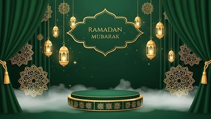 Ramadan Mubarak Islamic Festival Background with Podium and Lanterns.