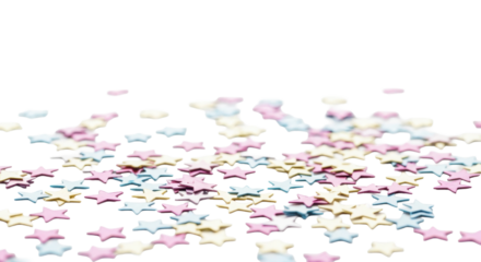 thousands of pastel rose pink, powder blue, lavender, and butter yellow star confetti pieces scattered against a high-key transparent background with strong bokeh. concept for elegant celebration