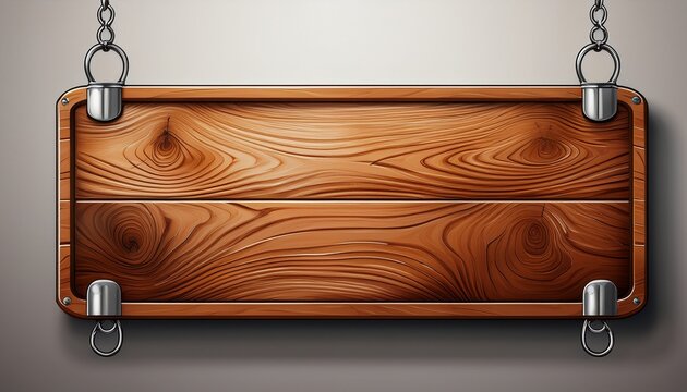 a realistic image of an empty rectangular wood sign with rounded corners and silver hooks
