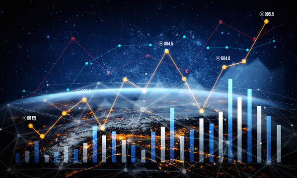 Captivating visualization of data analytics featuring graphs and charts over a nighttime view of Earth, symbolizing global technology and information trends. Scalp - Powered by Adobe