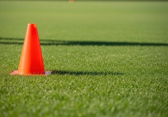 Orange training cone on a green soccer field. Sport equipment for practice drills and agility training. Outdoor activity