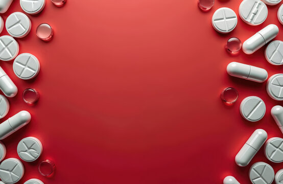 Multiple white pills and capsules arranged on red background. Round tablets have cross score. Includes liquid filled capsules and round gel caps.