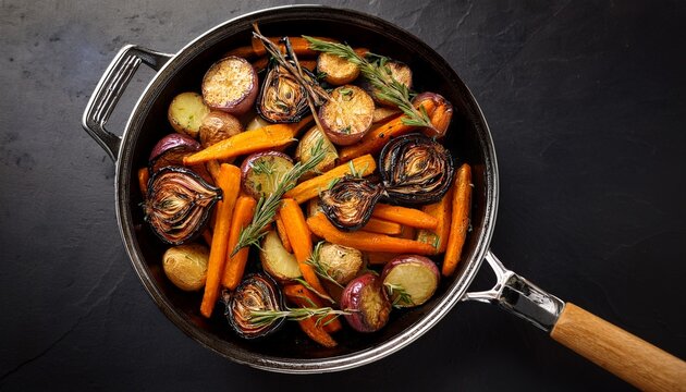 a top down kitchen shot of warm roasted root vegetables in charcoal pan golden edges