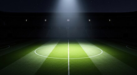Empty soccer stadium pitch at night with bright spotlight illumination. Sport arena concept for professional game and event promotions