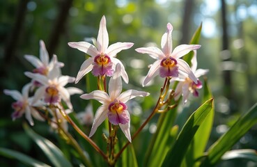 Obraz premium Rare white and pink orchids with yellow centers bloom in a rich green tropical forest setting. Their delicate petals catch the sunlight creating a beautiful natural scene.