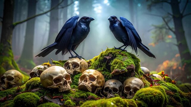 Two Crows Perched on Mossy Mound Surrounded by Skulls in Foggy Forest