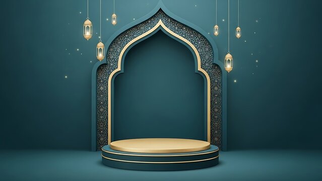 Ramadan Kareem Islamic background with elegant mosque arch and podium for product display.