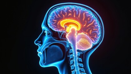 Human brain anatomy shown in profile, glowing blue outline against black. Internal structures highlighted orange and yellow, symbolizing neural activity and thought processes.