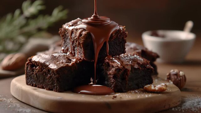 Chocolate pouring on cake in slow motion. Topping chocolate on homemade brownie dessert