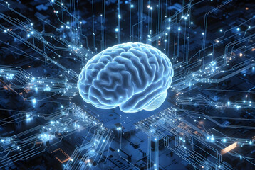 Artificial Intelligence Brain Concept with AI Text and Data Visualization Elements