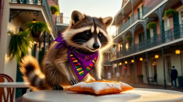 Cute raccoon in a festive bandana looking at a powdered sugar beignet on an outdoor cafe table in sunny New Orleans for a whimsical culinary adventure concept
