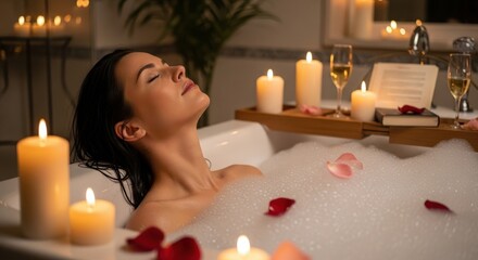 Woman enjoying a relaxing bubble bath with candles and rose petals. self care and wellness concept for spa retreat and personal relaxation