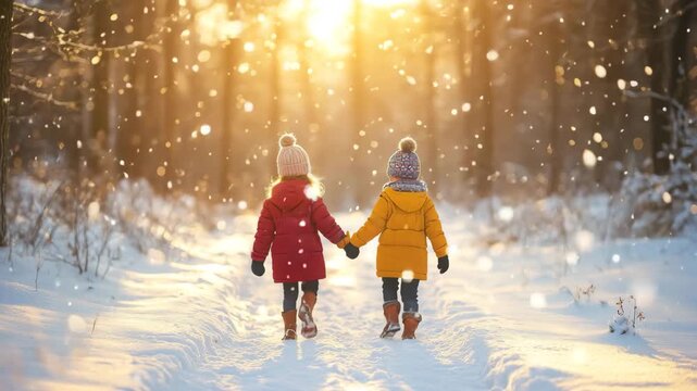 Kids Walking Together in Winter Forest Back View