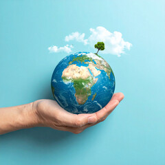 Human hand holding planet Earth with a growing tree, clouds, symbolizing sustainability, environmental responsibility, climate protection, care for nature. Eco, green energy, global awareness concept.